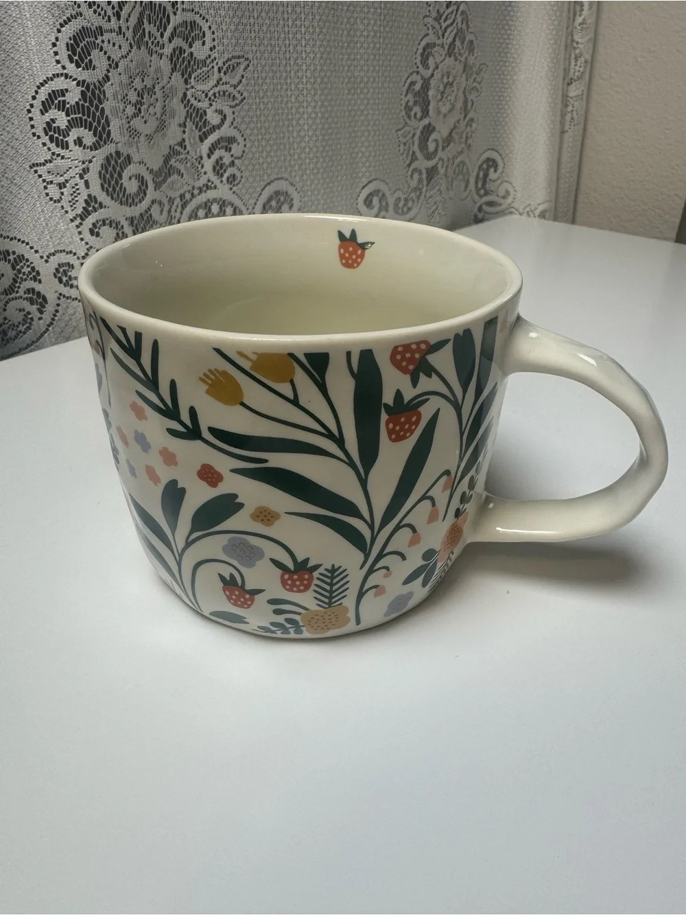 Mainstays Cream Ceramic Mug with Floral Strawberry Motif